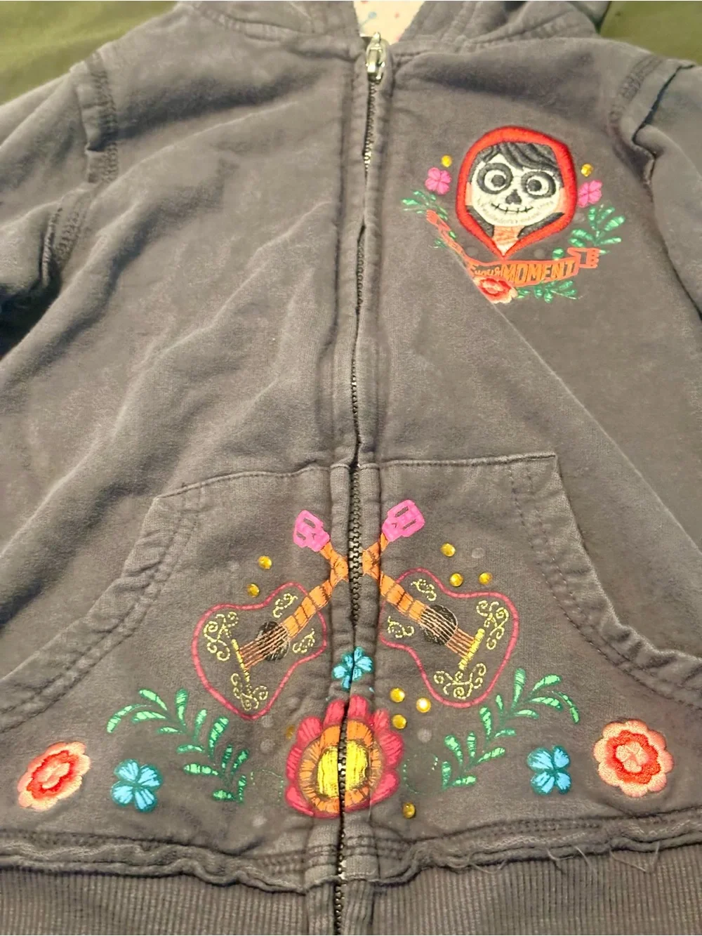 Disney Coco Gray Girls' Hooded Zip Sweatshirt with Colorful Embroidery